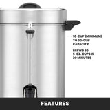 A stainless steel Coffee Urn with spigot and water level gauge. Text reads: “10-cup (minimum) to 30 cup capacity. Brews 30 5-oz. cups in 20 minutes.” The dual heater system ensures fast brewing and optimal temperature. Bottom bar labeled “FEATURES.”.