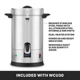 A large brushed stainless steel Coffee Urn with black handles and spout, featuring indicator lights, a removable sight glass gauge, dual heater system, 30 cup capacity, and details about its included accessories. Text reads: INCLUDED WITH WCU30.