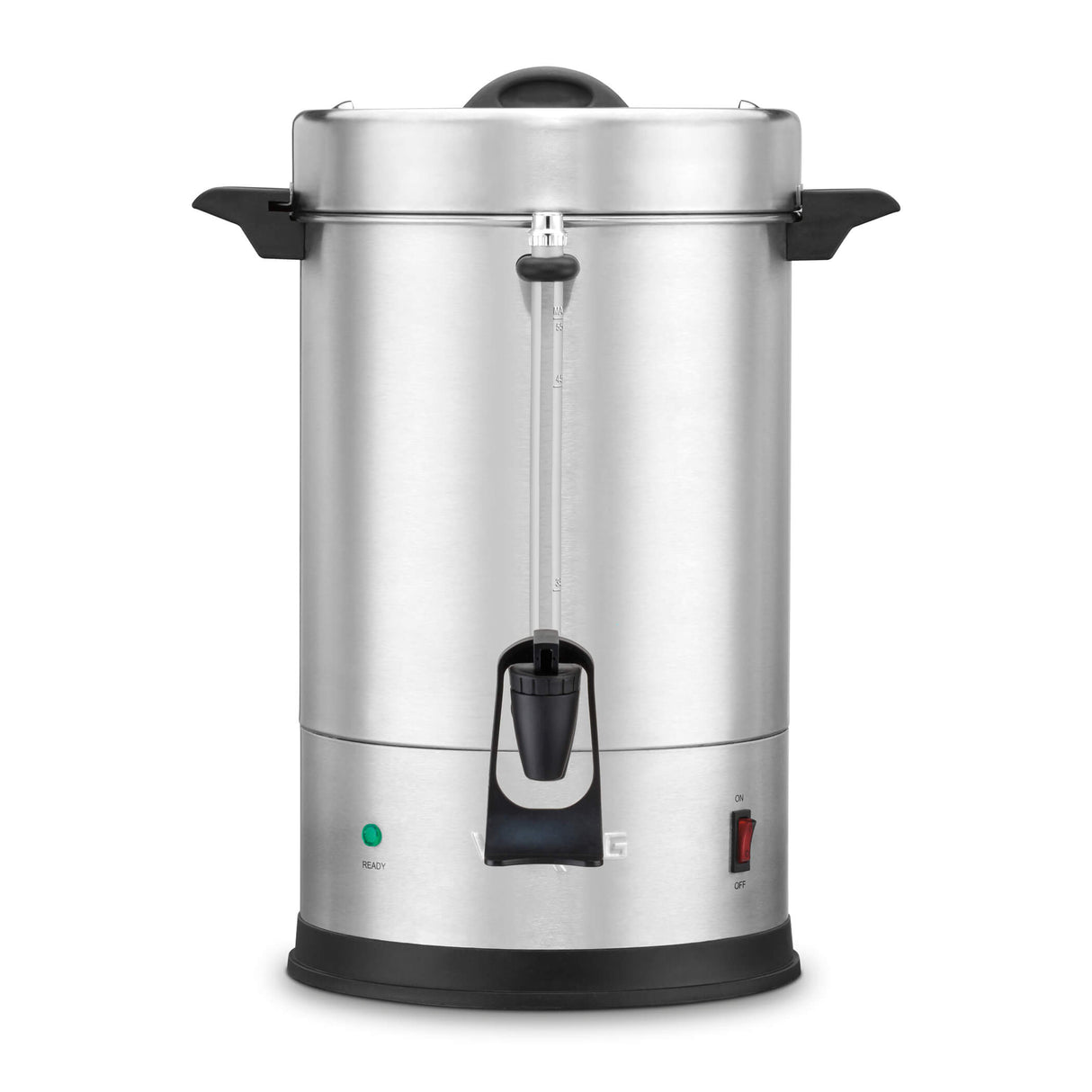 A large stainless steel coffee urn with black handles, spout, and base features a dual heater system. It has a transparent water level gauge, green ready light, red power switch on the lower front, and offers a 55 cup capacity with a rounded lid on top.