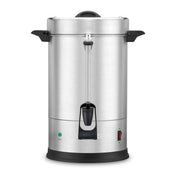 A large stainless steel coffee urn with black handles, spout, and base features a dual heater system. It has a transparent water level gauge, green ready light, red power switch on the lower front, and offers a 55 cup capacity with a rounded lid on top.
