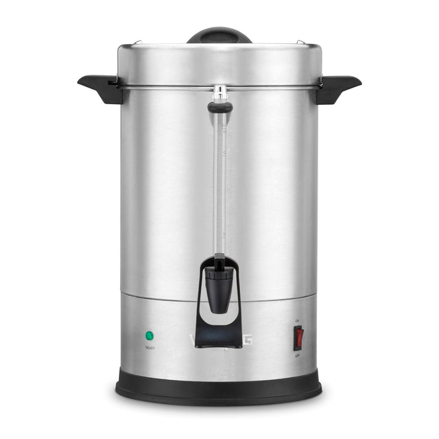 A large stainless steel coffee urn with black handles, spout, and base features a dual heater system. It has a transparent water level gauge, green ready light, red power switch on the lower front, and offers a 55 cup capacity with a rounded lid on top.