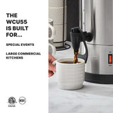 A hand fills a textured white mug with coffee from a stainless steel coffee urn. Text on the left reads: The WCU55, with its dual heater system and 55 cup capacity, is built for… Special Events, Large Commercial Kitchens. Certification logos appear below.