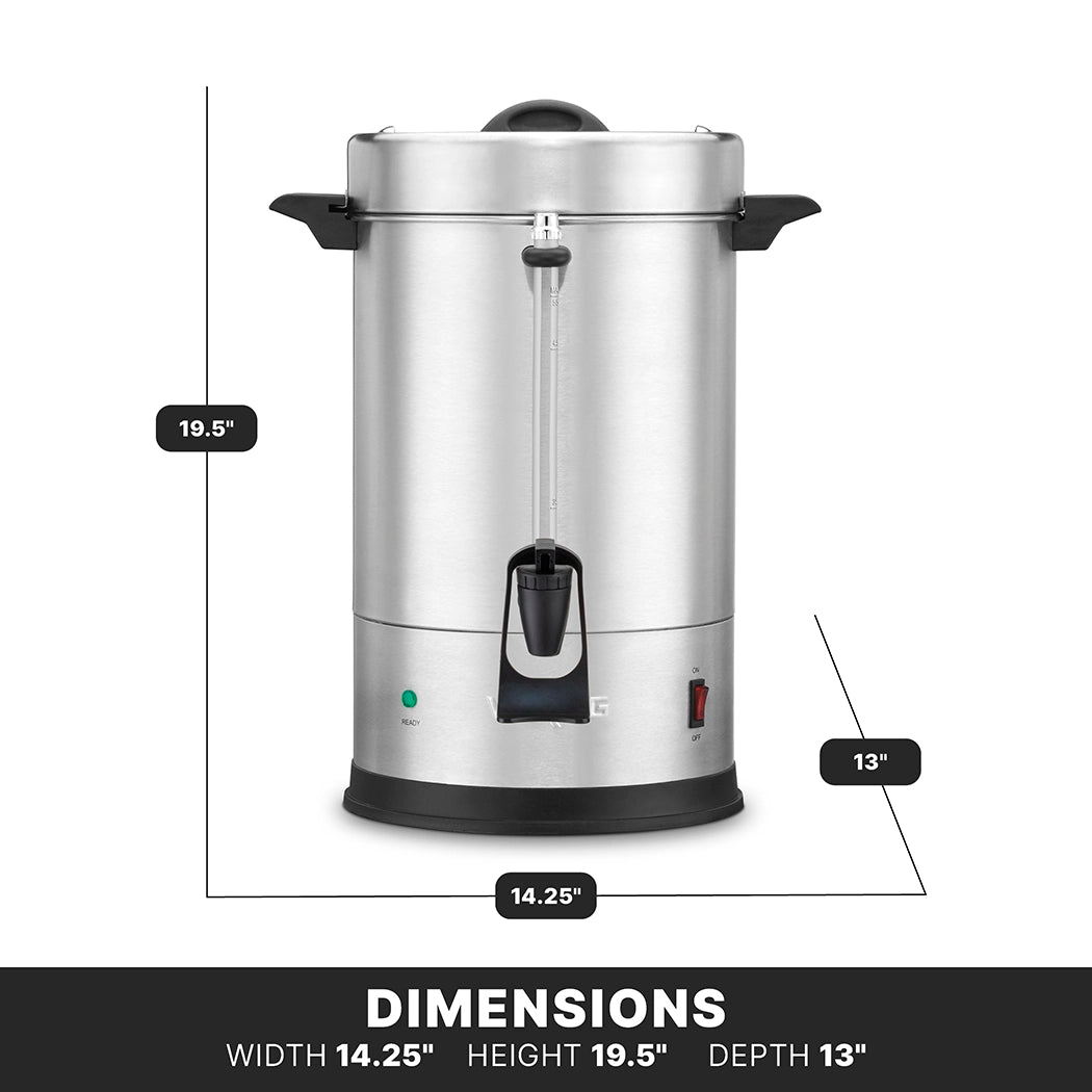 A large stainless steel coffee urn with black handles and a spout is shown. Featuring a 55 cup capacity, it measures 14.25 wide, 19.5 tall, and 13 deep. A black power switch and green indicator light are visible on the front.