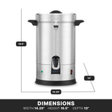 A large stainless steel coffee urn with black handles and a spout is shown. Featuring a 55 cup capacity, it measures 14.25 wide, 19.5 tall, and 13 deep. A black power switch and green indicator light are visible on the front.