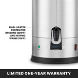The image shows the bottom part of a 55 cup capacity coffee urn with a black spigot and control panel. Text highlights its dual heater system for brewing (200°F) and keeping warm (185°F). Below, a banner says Limited one-year warranty.