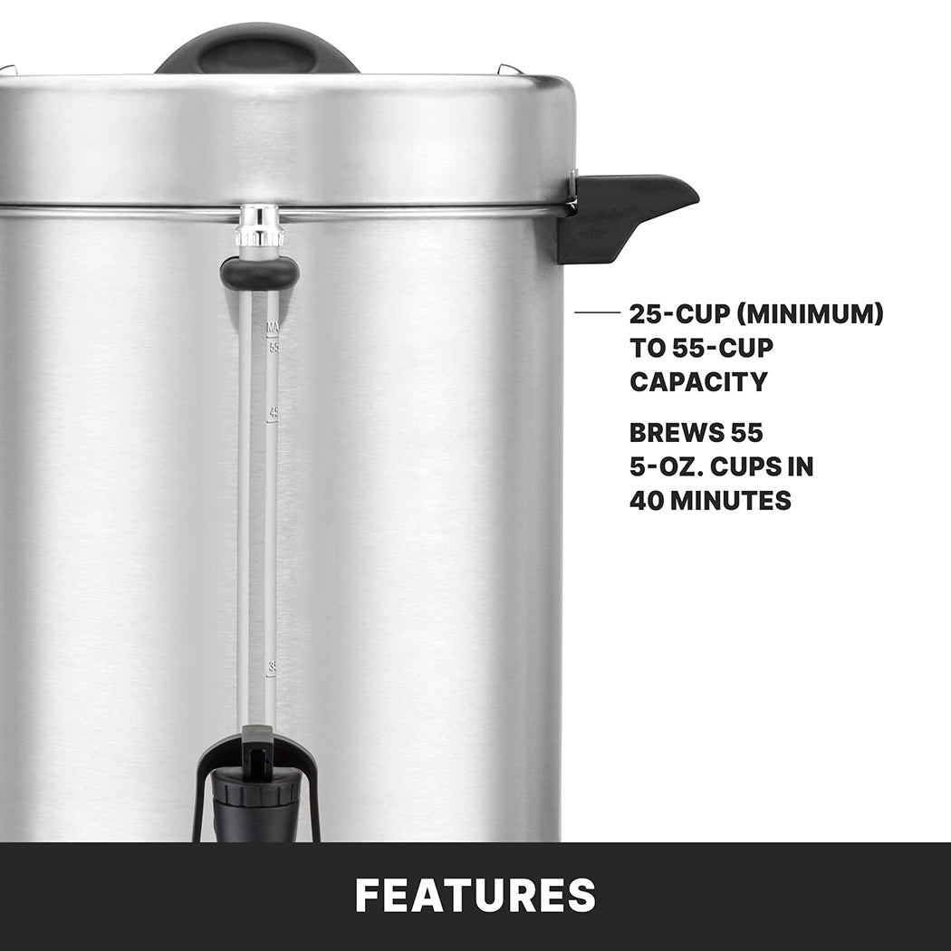 A large stainless steel coffee urn with a black handle is shown. A clear water level gauge indicates capacity. Text states: “Dual heater system. 25-cup (minimum) to 55-cup capacity. Brews 55 5-oz. cups in 40 minutes.”.