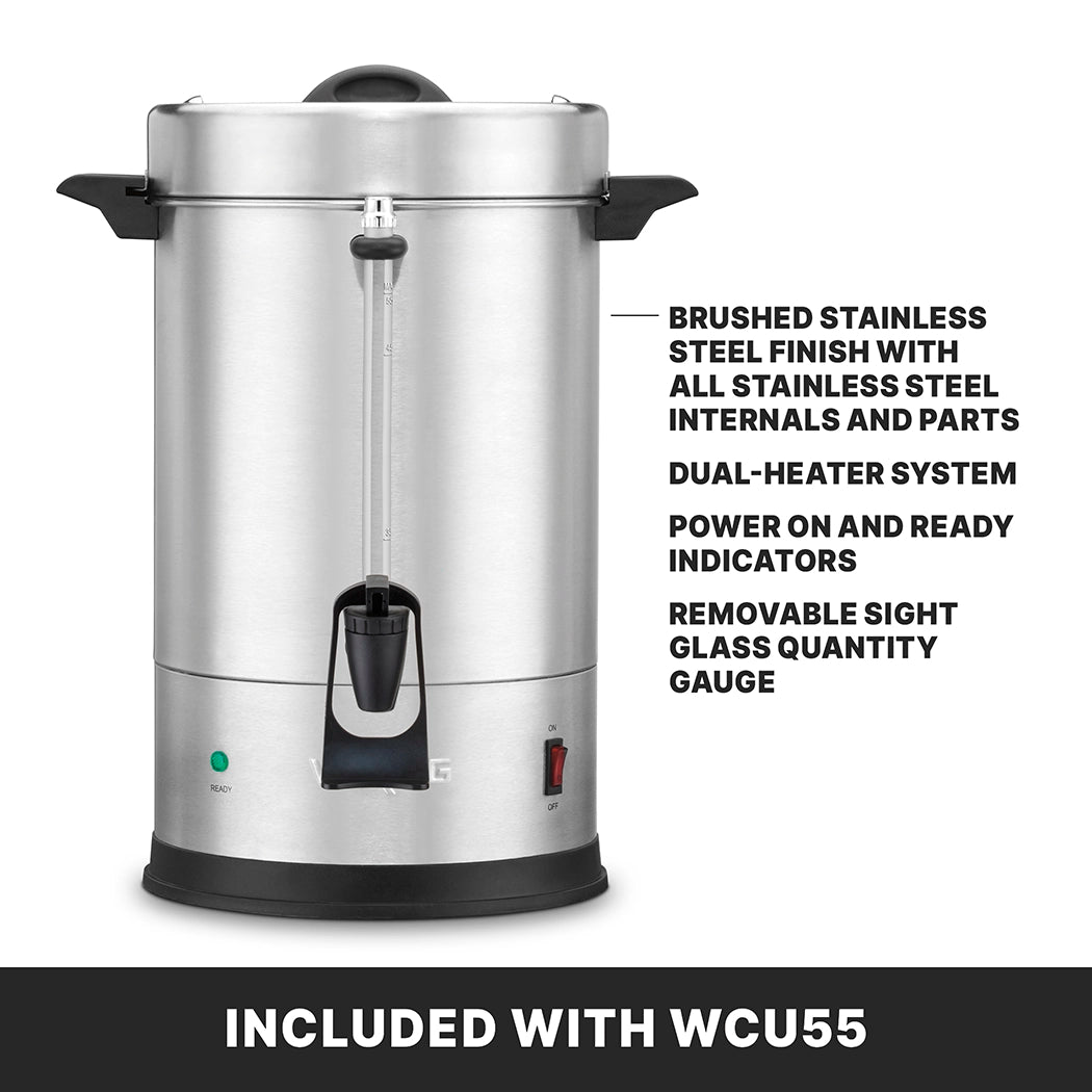 A large, cylindrical brushed stainless steel coffee urn with a black lid and handles. It features a dual heater system, spout, sight glass gauge, indicator lights, and boasts a 55 cup capacity. Included with model WCU55.