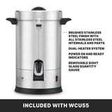 A large, cylindrical brushed stainless steel coffee urn with a black lid and handles. It features a dual heater system, spout, sight glass gauge, indicator lights, and boasts a 55 cup capacity. Included with model WCU55.