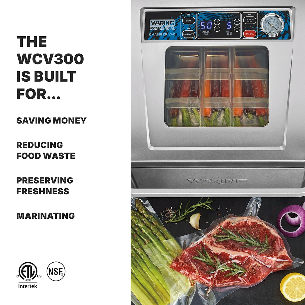 A Waring countertop Vacuum Packaging Machine with a digital display seals vegetables in bags. Nearby, asparagus and a steak with herbs are vacuum-sealed. Uses listed: saving money, reducing food waste, preserving freshness, marinating. Certification logos shown.
