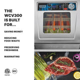 A Waring countertop Vacuum Packaging Machine with a digital display seals vegetables in bags. Nearby, asparagus and a steak with herbs are vacuum-sealed. Uses listed: saving money, reducing food waste, preserving freshness, marinating. Certification logos shown.