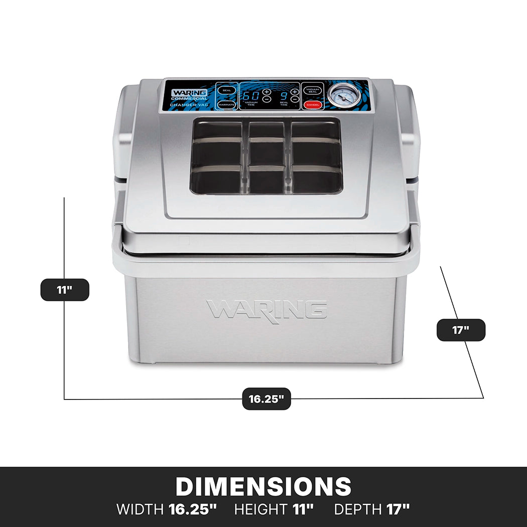 A metallic Waring Vacuum Packaging Machine with a digital control panel and windowed lid is shown. Perfect for countertop use. Dimensions are marked: width 16.25, height 11, depth 17. The word DIMENSIONS and the size specs appear below the image.