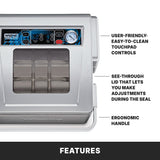 Top view of the Waring countertop Vacuum Packaging Machine featuring a digital touchpad, pressure gauge, see-through lid with visible sealing chamber, and ergonomic handle. Highlights include user-friendly controls, clear lid, and comfortable design.