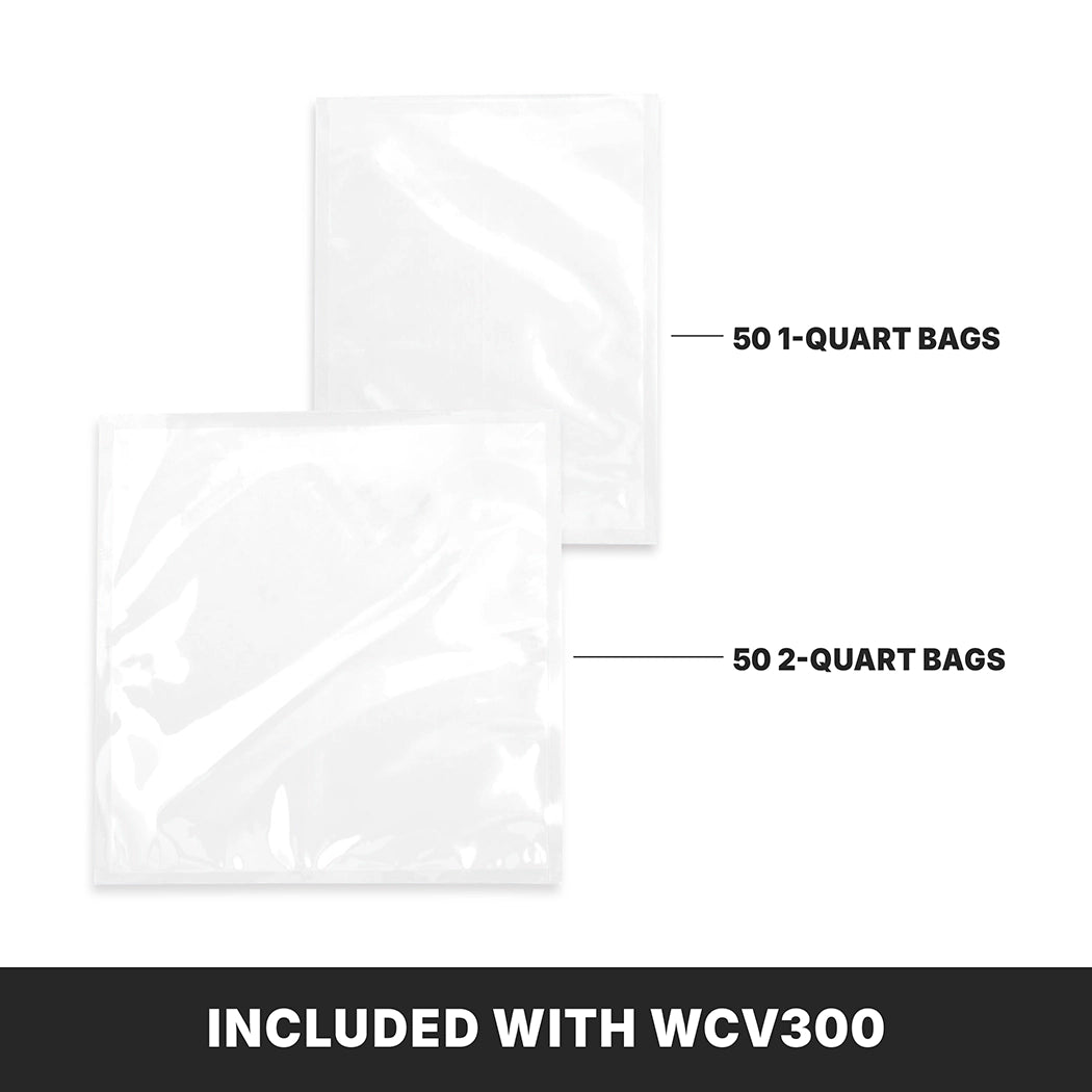 Two clear plastic vacuum-seal bags are shown, ideal for use with the Waring countertop Vacuum Packaging Machine. One is labeled 50 1-quart bags and the other 50 2-quart bags. Text below reads, INCLUDED WITH WCV300. The background is white.