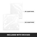 Two clear plastic vacuum-seal bags are shown, ideal for use with the Waring countertop Vacuum Packaging Machine. One is labeled 50 1-quart bags and the other 50 2-quart bags. Text below reads, INCLUDED WITH WCV300. The background is white.