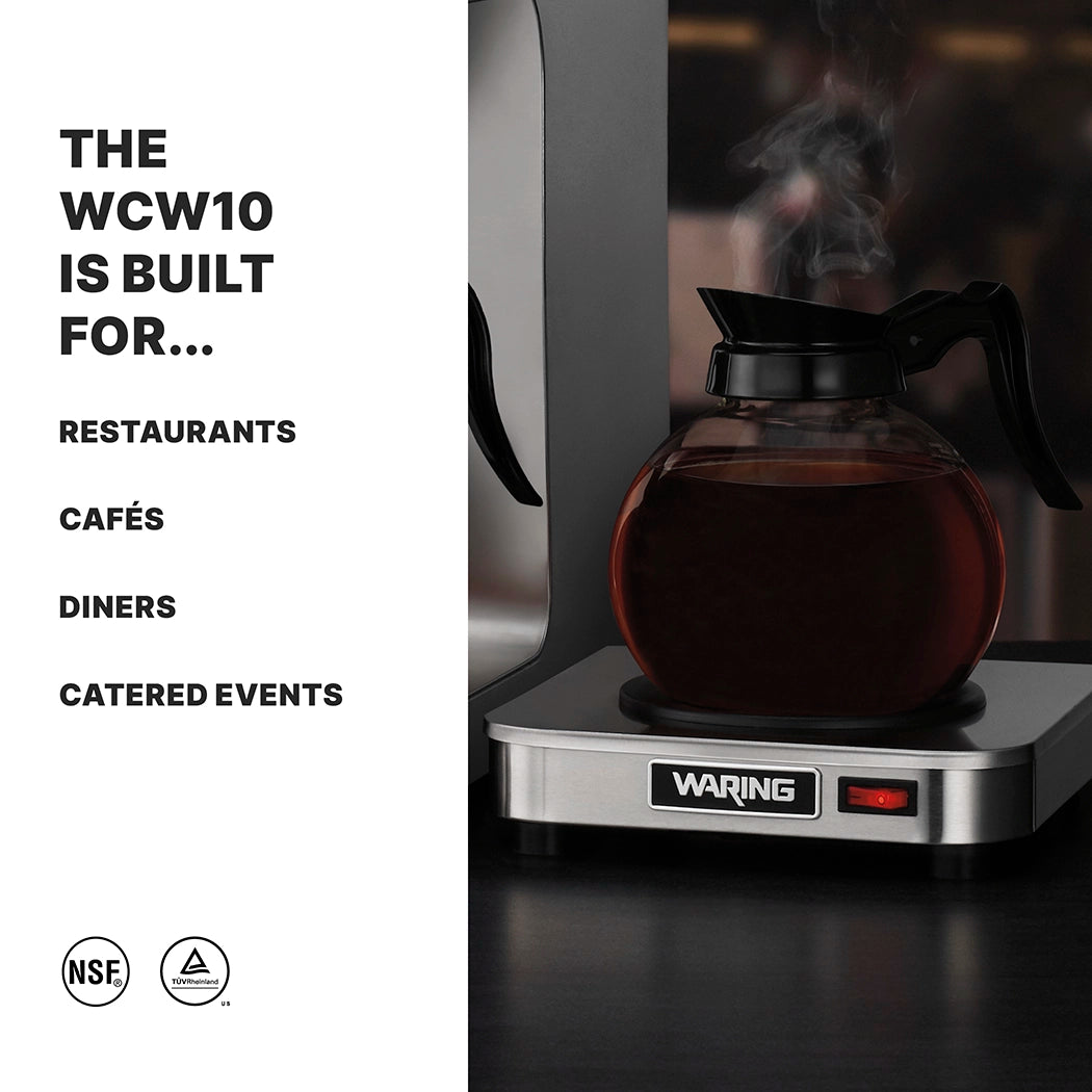 A glass coffee decanter filled with coffee sits on a stainless steel coffee warmer. To the left, text reads: THE WCW10 IS BUILT FOR... RESTAURANTS, CAFÉS, DINERS, CATERED EVENTS. Two certification logos are at the bottom.
