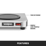 Close-up of a stainless steel Waring single burner hot plate with a round black burner, red power switch, and black feet. Text highlights “70W of power” and “Simple low-profile design.” The word “FEATURES” appears at the bottom.