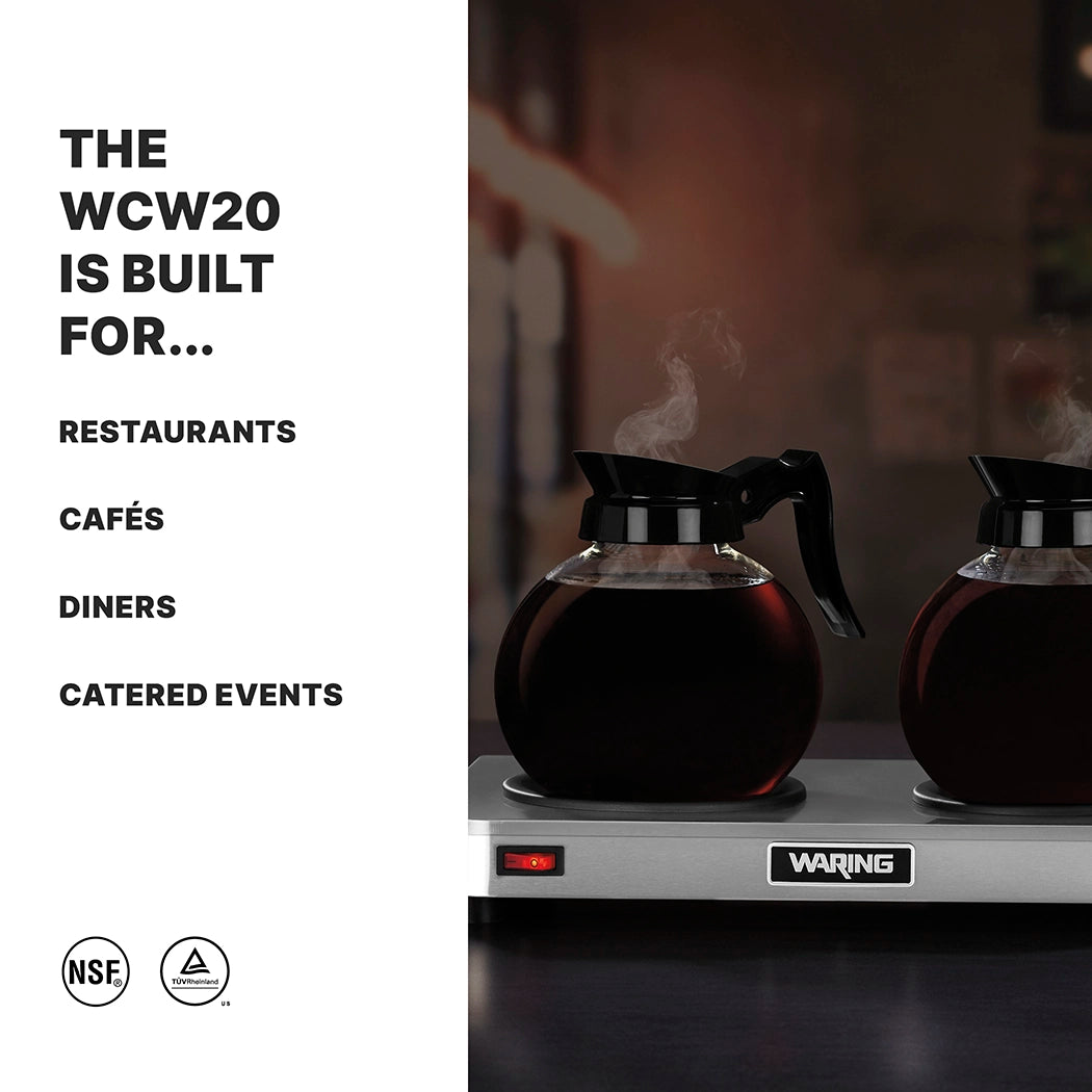 A stainless steel Waring coffee warmer with a double burner and two glass coffee pots filled with coffee sits on a dark surface. Text on the left reads: The WCW20 is built for... Restaurants, Cafés, Diners, Catered Events. NSF and safety icons are below.