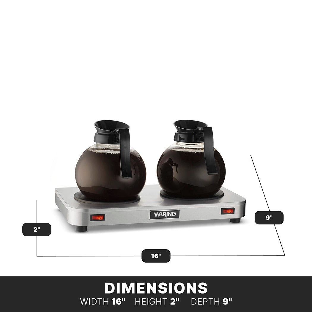 A Waring coffee warmer with double burner features two glass pots filled with dark coffee, resting on a sleek stainless steel rectangular base. The image includes labeled dimensions: width 16 inches, height 2 inches, depth 9 inches.