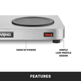 A close-up of a stainless steel electric hot plate, ideal as a coffee warmer, with a black heating element, power switch, and labeled text highlighting 140W of power and a simple low-profile design. The bottom section features FEATURES in bold white letters.