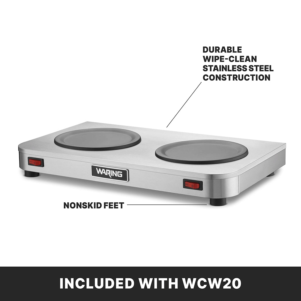 A rectangular Waring double burner hot plate with a stainless steel body, two round heating elements ideal as a coffee warmer, nonskid feet, red power switches, and labels highlighting its durable, easy-to-clean construction. Text reads, “INCLUDED WITH WCW20.”.