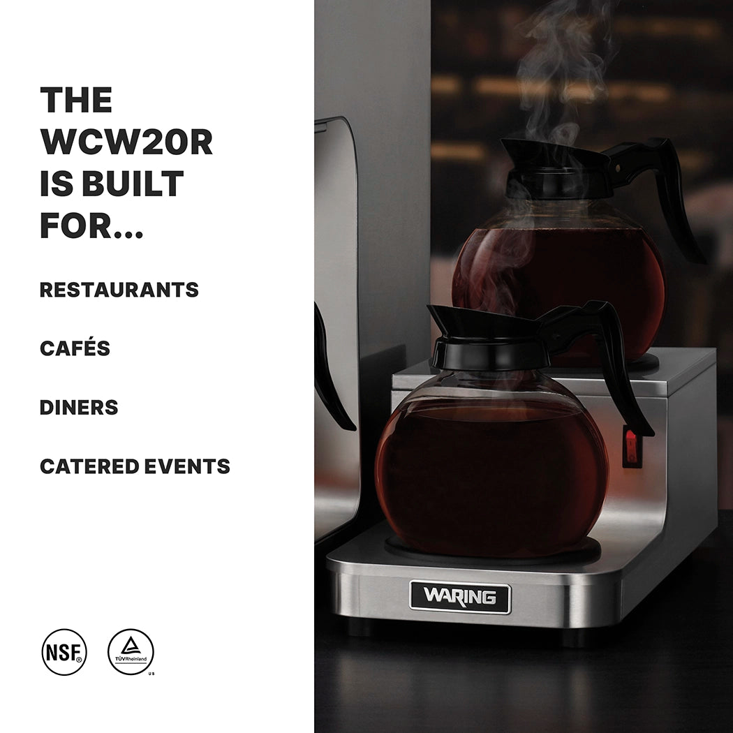 Two glass coffee decanters filled with hot coffee sit on a stainless steel Café Deco Coffee Warmer double burner. On the left, text reads: The WCW20R is built for Restaurants, Cafés, Diners, Catered Events. NSF and another certification logo are at the bottom.