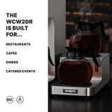 Two glass coffee decanters filled with hot coffee sit on a stainless steel Café Deco Coffee Warmer double burner. On the left, text reads: The WCW20R is built for Restaurants, Cafés, Diners, Catered Events. NSF and another certification logo are at the bottom.