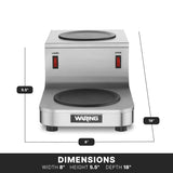 The Café Deco Coffee Warmer is a stainless steel double burner with two hot plates labeled LOWER and UPPER above red switches. Measuring 8" wide, 5.5" high, and 18" deep, the Waring logo is visible on the front. Dimensions are marked around the product.