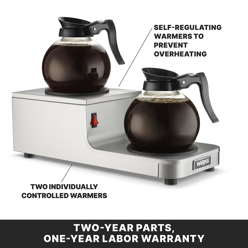 The Café Deco Coffee Warmer features a stainless steel double burner design with two glass coffee pots, each on an individually controlled, self-regulating warmer. Enjoy peace of mind with a two-year parts and one-year labor warranty.
