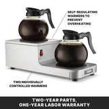 The Café Deco Coffee Warmer features a stainless steel double burner design with two glass coffee pots, each on an individually controlled, self-regulating warmer. Enjoy peace of mind with a two-year parts and one-year labor warranty.