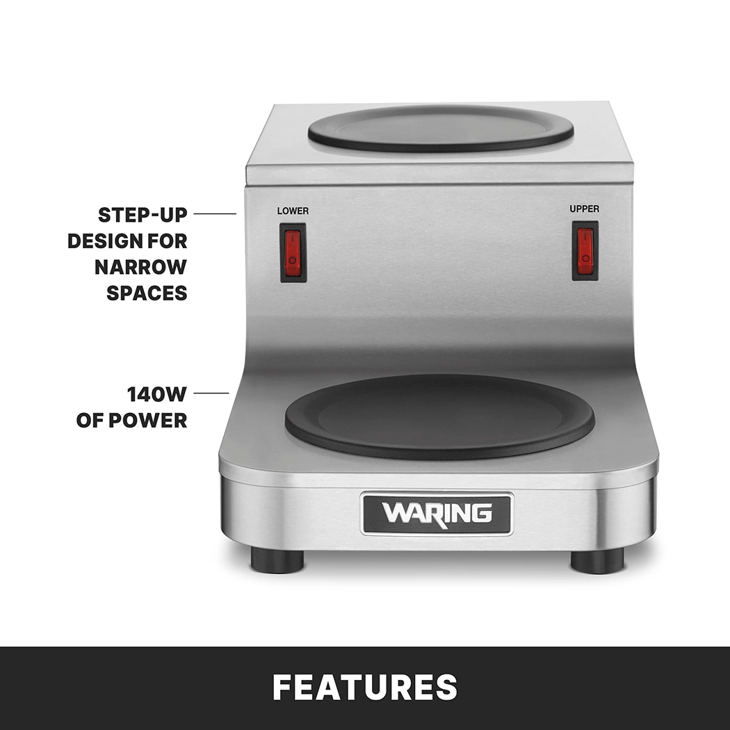 The Café Deco Coffee Warmer is a stainless steel double burner with stepped design for narrow spaces. Two hot plates, labeled lower and upper, each feature a red switch. Text highlights its step-up design and 140W of power.