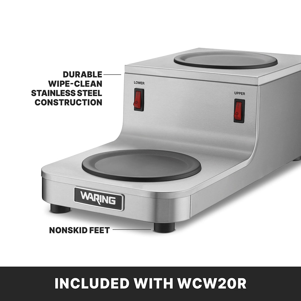 A stainless steel Café Deco Coffee Warmer features two round heating plates labeled “LOWER” and “UPPER” with red on/off switches. Durable wipe-clean stainless steel construction and nonskid feet ensure stability. Included with WCW20R double burner.