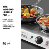 A heavy-duty stainless steel commercial burner hot plate with cast iron burner plates cooks vegetables and pasta. The WDB600 is built for fast cooking on the large plate and simmering or warming on the small plate. UL and NSF certified.