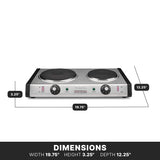 A heavy-duty double burner electric hot plate with cast iron burner plates is shown in a black and silver finish, labeled with dimensions: width 19.75 inches, height 3.25 inches, and depth 12.25 inches. Control knobs and indicator lights are visible.