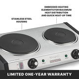 A heavy-duty stainless steel double electric burner with commercial cast iron burner plates, labeled “Waring Professional Extra Burner.” Features durable housing, embedded heating elements, and a limited one-year warranty.