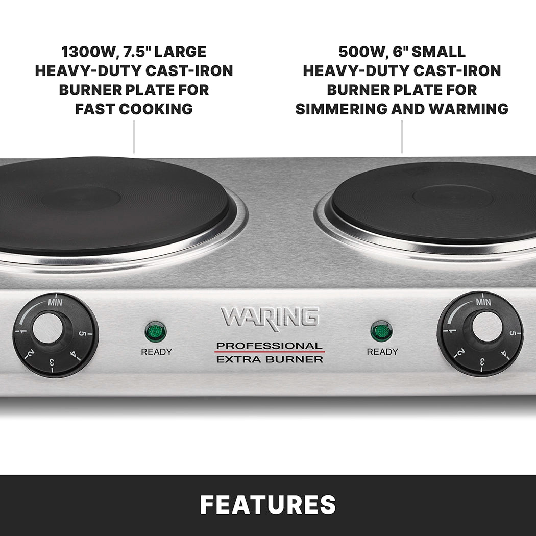 A close-up of a Waring Professional Extra Burner electric hot plate featuring heavy-duty cast iron burner plates: a 1300W, 7.5" large commercial burner on the left and a 500W, 6" small burner on the right, with control knobs and indicator lights on the front.