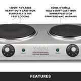 A close-up of a Waring Professional Extra Burner electric hot plate featuring heavy-duty cast iron burner plates: a 1300W, 7.5" large commercial burner on the left and a 500W, 6" small burner on the right, with control knobs and indicator lights on the front.