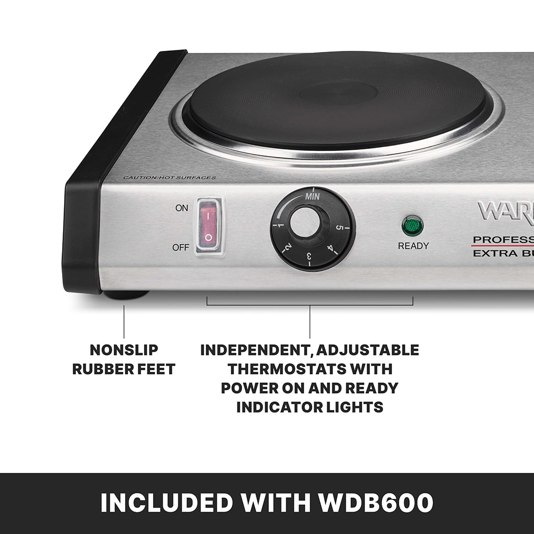 A close-up of a heavy-duty stainless steel electric hot plate shows a control knob, on/off switch, and indicator lights. Text points to nonslip rubber feet and mentions cast iron burner plates with independent, adjustable thermostats. “INCLUDED WITH WDB600” is below.