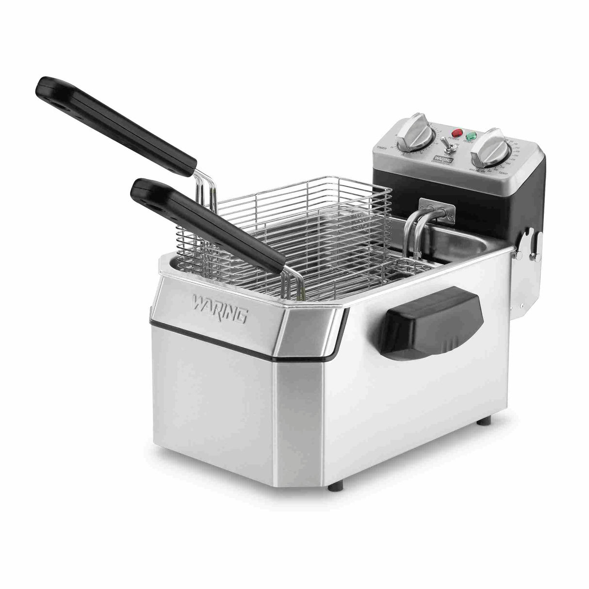 The Waring WDF1000 is a stainless steel countertop electric fryer with a black handle and control panel, featuring two wire baskets with black handles inside. It sits on a white surface, and its control panel includes dials and indicator lights.