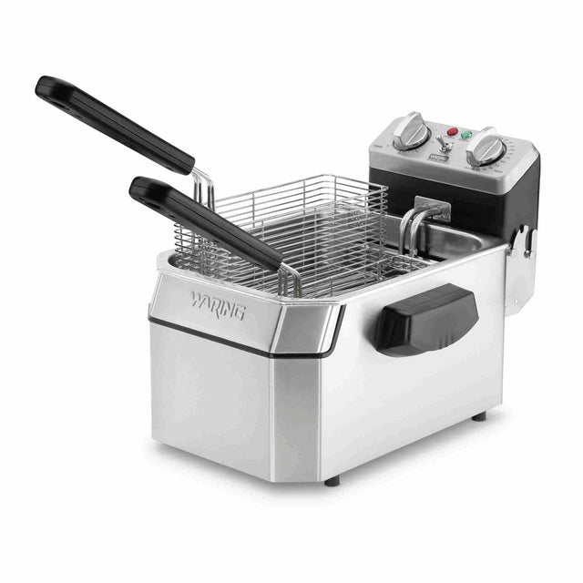 The Waring WDF1000 is a stainless steel countertop electric fryer with a black handle and control panel, featuring two wire baskets with black handles inside. It sits on a white surface, and its control panel includes dials and indicator lights.