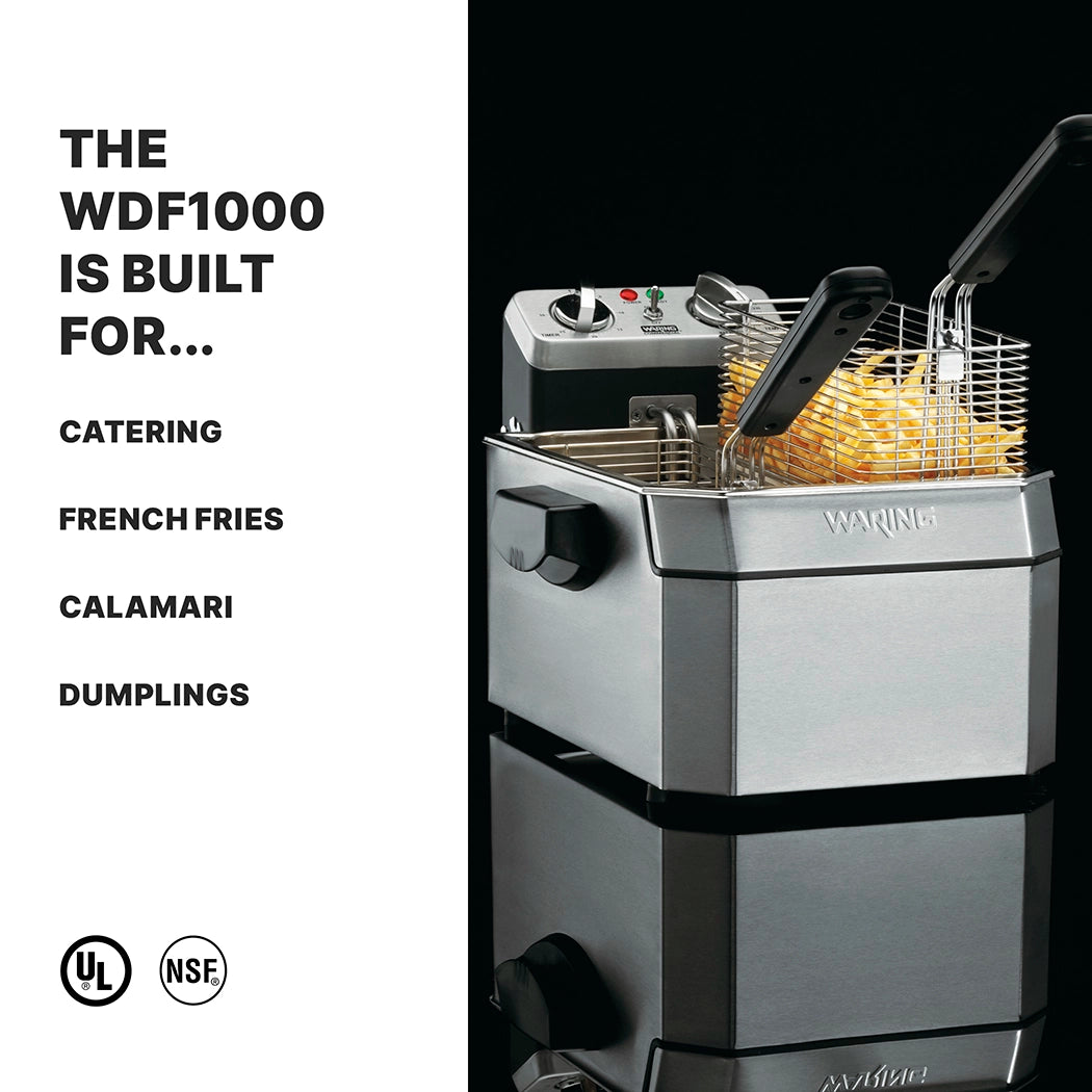 A Waring WDF1000 countertop electric fryer with a basket of French fries sits on a black surface. Text on the left reads “The WDF1000 Deep Fryer is built for... Catering, French Fries, Calamari, Dumplings.” UL and NSF certification logos are at the bottom.