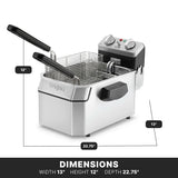 A Waring WDF1000 countertop electric fryer is shown with two baskets and black handles. Dimensions are labeled: 13" width, 12" height, and 22.75" depth. Control knobs and indicator lights appear on the back panel against a white background.