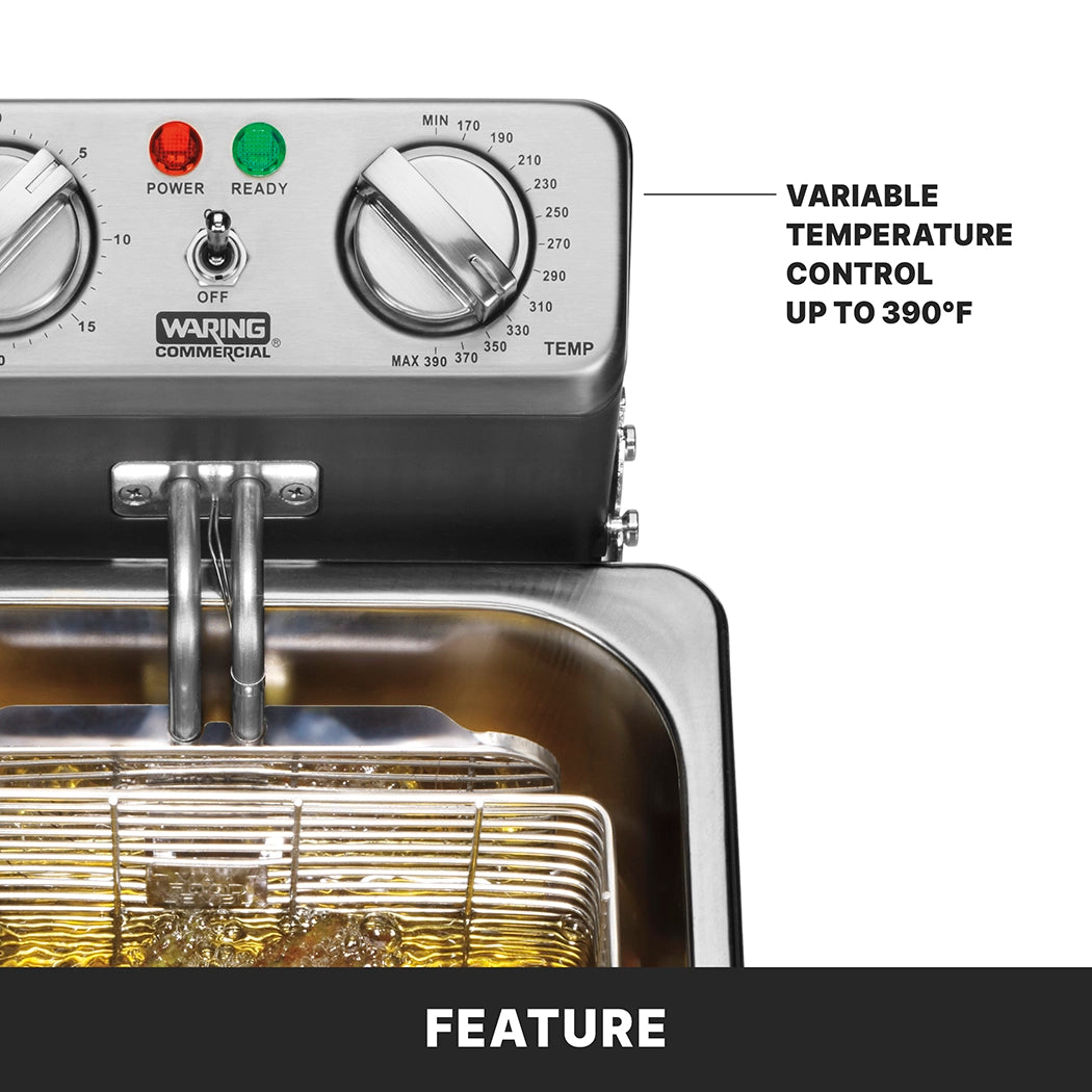 A countertop electric fryer with stainless steel finish, dials, and indicator lights displays temperature settings up to 390°F. A fryer basket is submerged in oil. Text reads: “Variable temperature control up to 390°F.” Banner: “Feature.”.