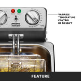A countertop electric fryer with stainless steel finish, dials, and indicator lights displays temperature settings up to 390°F. A fryer basket is submerged in oil. Text reads: “Variable temperature control up to 390°F.” Banner: “Feature.”.