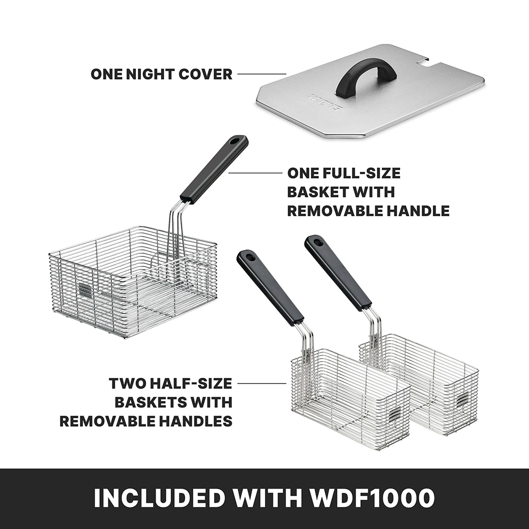 Image shows a metal lid with handle, a large wire basket, and two smaller baskets—all designed for the Waring WDF1000 countertop electric fryer deep fryer. Each basket features removable handles for easy use and cleaning.