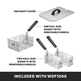 Image shows a metal lid with handle, a large wire basket, and two smaller baskets—all designed for the Waring WDF1000 countertop electric fryer deep fryer. Each basket features removable handles for easy use and cleaning.