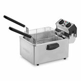 A stainless steel fryer with dual baskets, long black handles, and a digital control panel with indicator lights. This electric deep fryer features a rectangular design, front handle for easy lifting, and is branded “Waring” on the side.