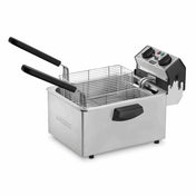 A stainless steel fryer with dual baskets, long black handles, and a digital control panel with indicator lights. This electric deep fryer features a rectangular design, front handle for easy lifting, and is branded “Waring” on the side.