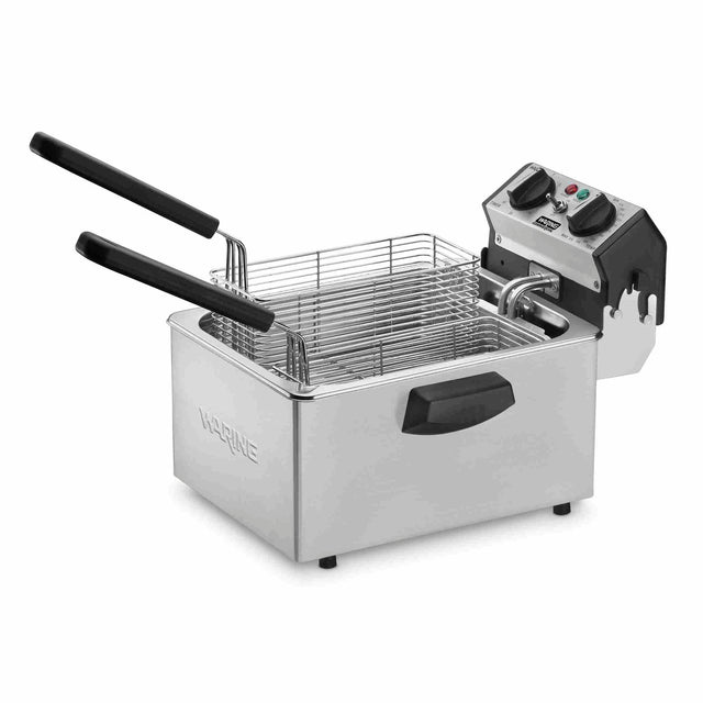 A stainless steel fryer with dual baskets, long black handles, and a digital control panel with indicator lights. This electric deep fryer features a rectangular design, front handle for easy lifting, and is branded “Waring” on the side.