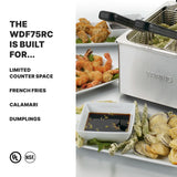 A stainless steel fryer with two baskets sits beside plates of tempura, shrimp, French fries, calamari, and dumplings. A small dish of soy sauce is at the front. Text lists Countertop Deep Fryer features and recommended foods. UL and NSF logos appear below.