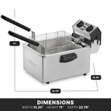 A stainless steel fryer with two black-handled baskets and a control panel featuring dials and indicator lights. This electric deep fryer measures 11" high, 12.25" wide, and 22.75" deep. Waring logo on the side. Text reads, DIMENSIONS.